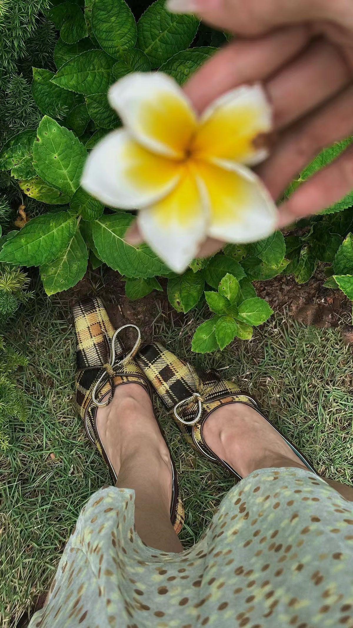 Vintage Green Plaid Square Toe Bow Strap Block Heel Pumps