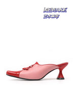 UBORYA Pink Red Two Tone Patent Leather Mules Bow Detail Pointed Toe Sculptural Heel