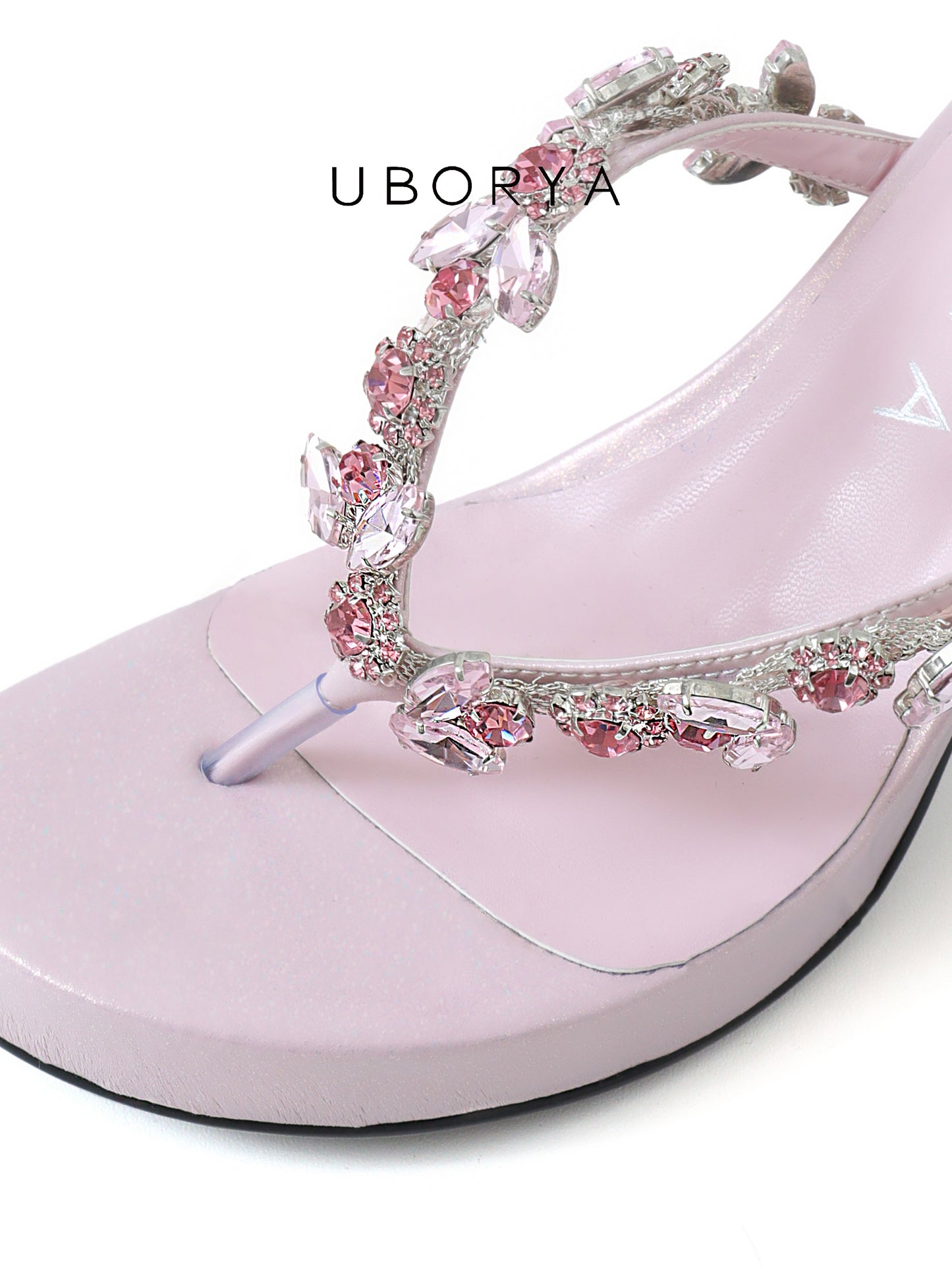 UBORYA Pink Rhinestone Thong Sandals – Glamorous Platform Heels for Women | 8cm / 3.15in Chunky Heel | Crystal Embellished Straps | Square Toe Slip-On Mules