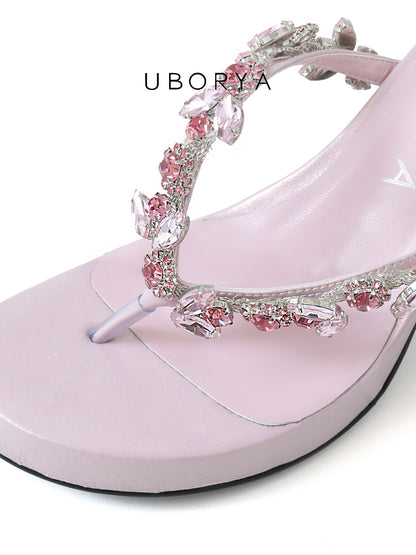 UBORYA Pink Rhinestone Thong Sandals – Glamorous Platform Heels for Women | 8cm / 3.15in Chunky Heel | Crystal Embellished Straps | Square Toe Slip-On Mules