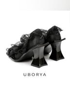 UBORYA Black Lace Gothic Romantic Sculptural Open‑Toe Heels 8cm