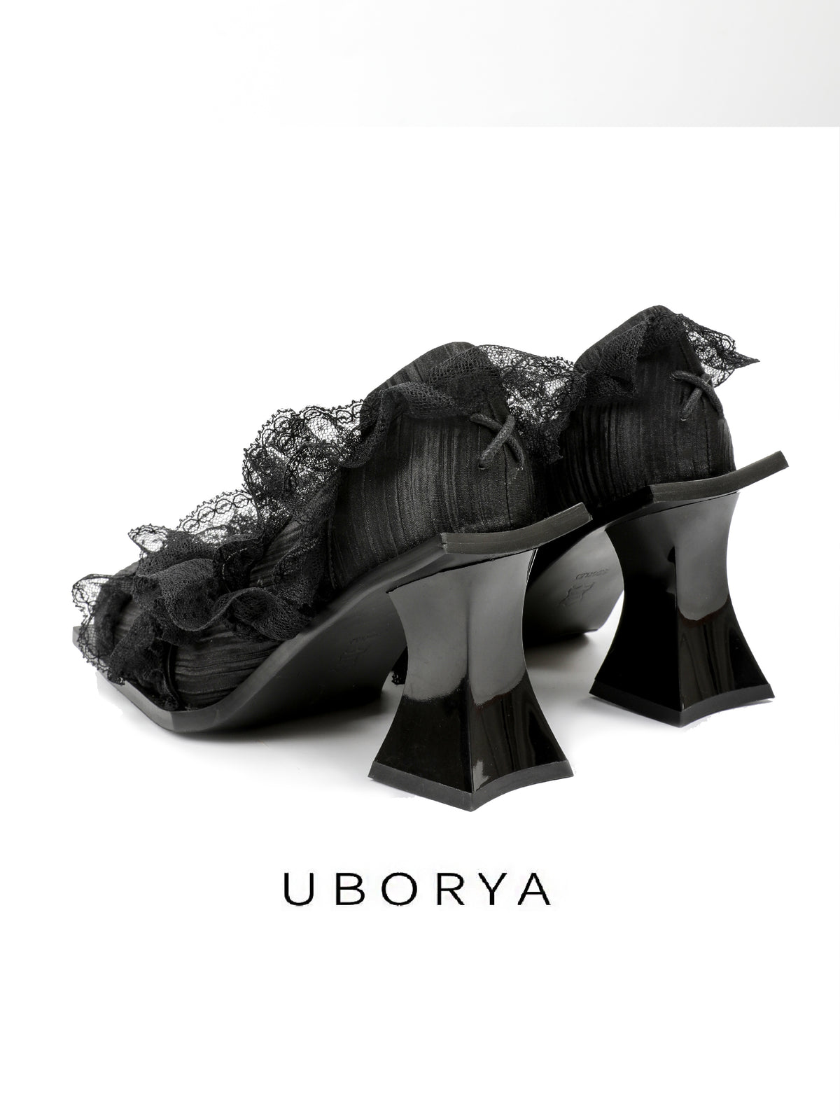 UBORYA Black Lace Gothic Romantic Sculptural Open‑Toe Heels 8cm