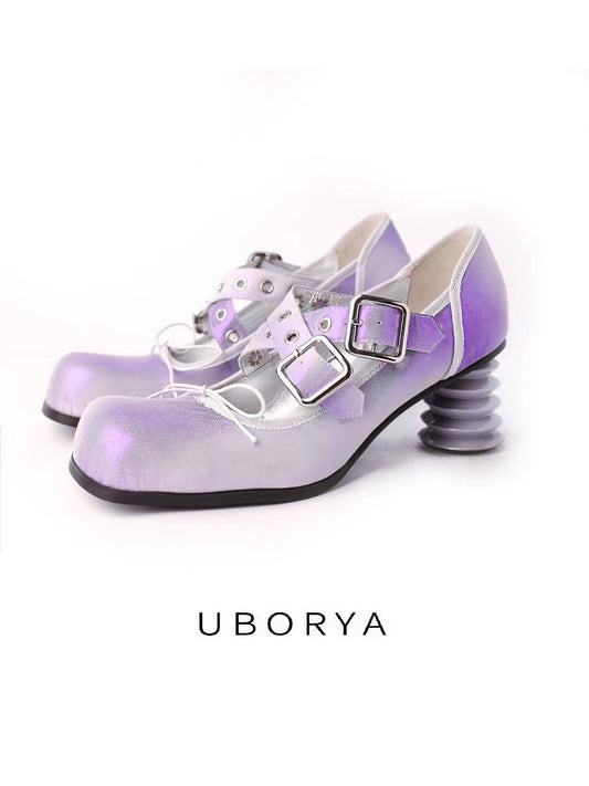 UBORYA Pastel Purple Y2K Platform Loafers with Chunky Coil Heel & Buckle Straps — Avant-Garde Women’s Statement Shoes for Streetwear, Cottagecore & Alternative Fashion