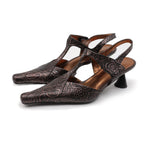 UBORYA Rose Embossed Leather T-Strap Kitten Heel Slingbacks