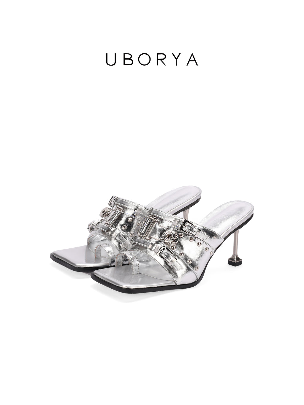 UBORYA Silver Metallic Multi-Buckle Mules with Skull Studs