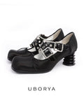UBORYA Black Punk Mary Jane Heels 6cm Coil Heel Double Buckle Straps