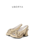 UBORYA Beige Canvas Platform Slingback Heels with Star Studs