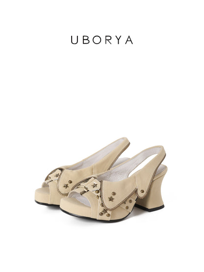 UBORYA Beige Canvas Platform Slingback Heels - Peep Toe Star Stud Zipper Detail Sculptural Heel Sandals