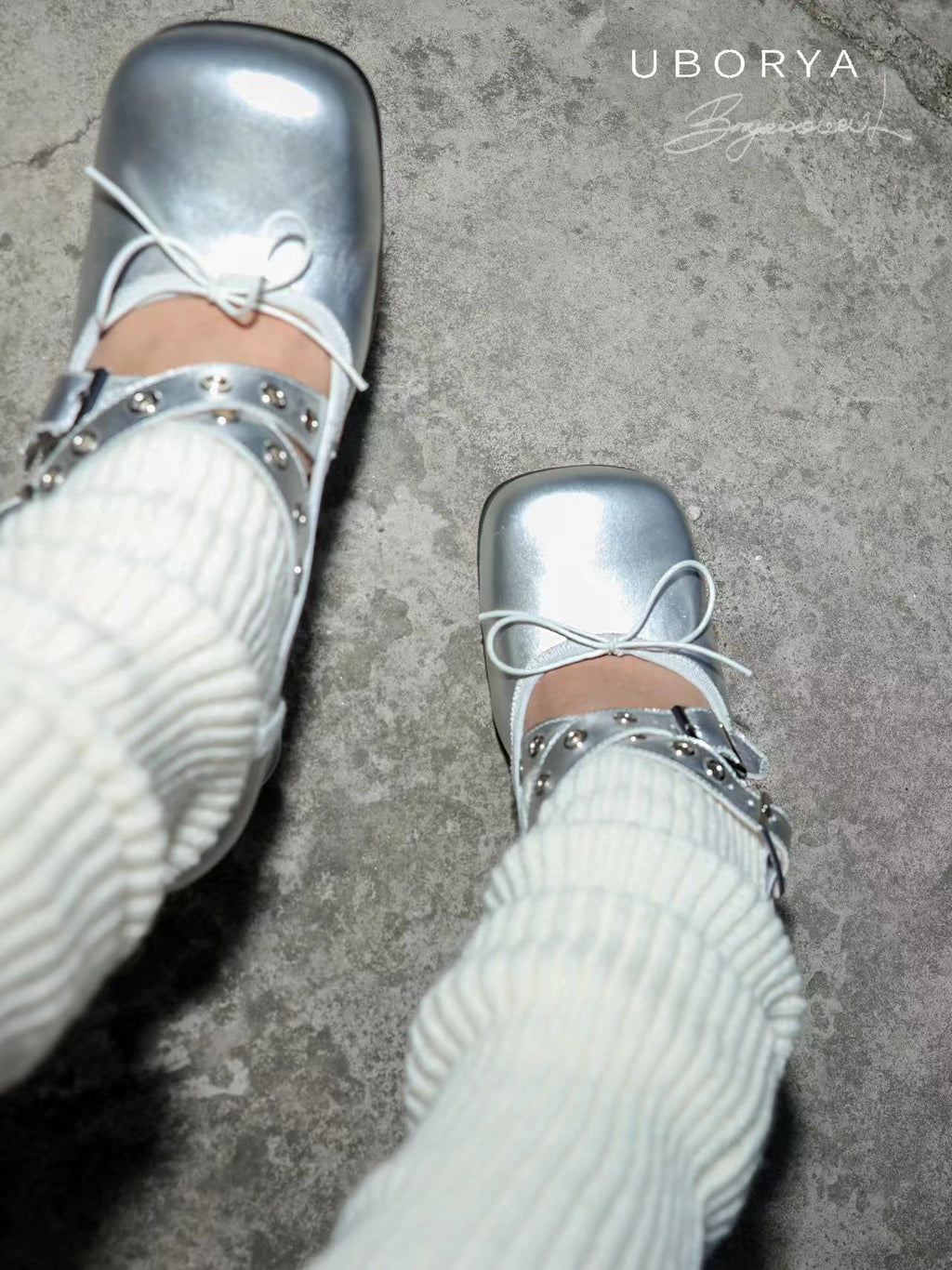 UBORYA Silver Metallic Coil Heel Mary Jane Pumps Rivet Buckles Front Tie 6cm Sculptural Heel