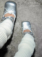UBORYA Silver Metallic Coil Heel Mary Jane Pumps Rivet Buckles Front Tie 6cm Sculptural Heel