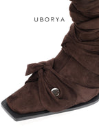 UBORYA Brown Suede Ruched Mid Calf Boots 7cm Block Heel Knot Detail