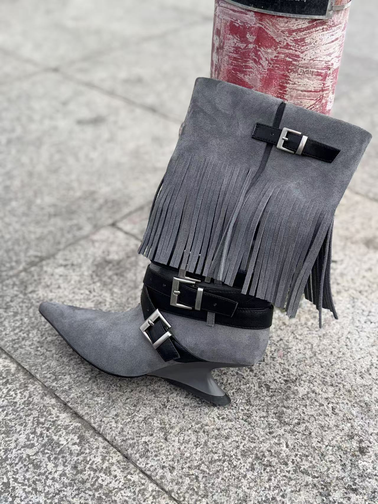 UBORYA Grey Blue Suede Fringe Mid-Calf Boots with Buckle Straps – Sculptural Wedge Heel Boots for Women | Pointed Toe | Western Avant-Garde Booties