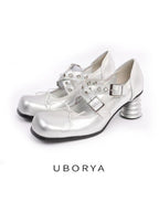 UBORYA Silver Metallic Coil Heel Mary Jane Pumps Rivet Buckles Front Tie 6cm Sculptural Heel