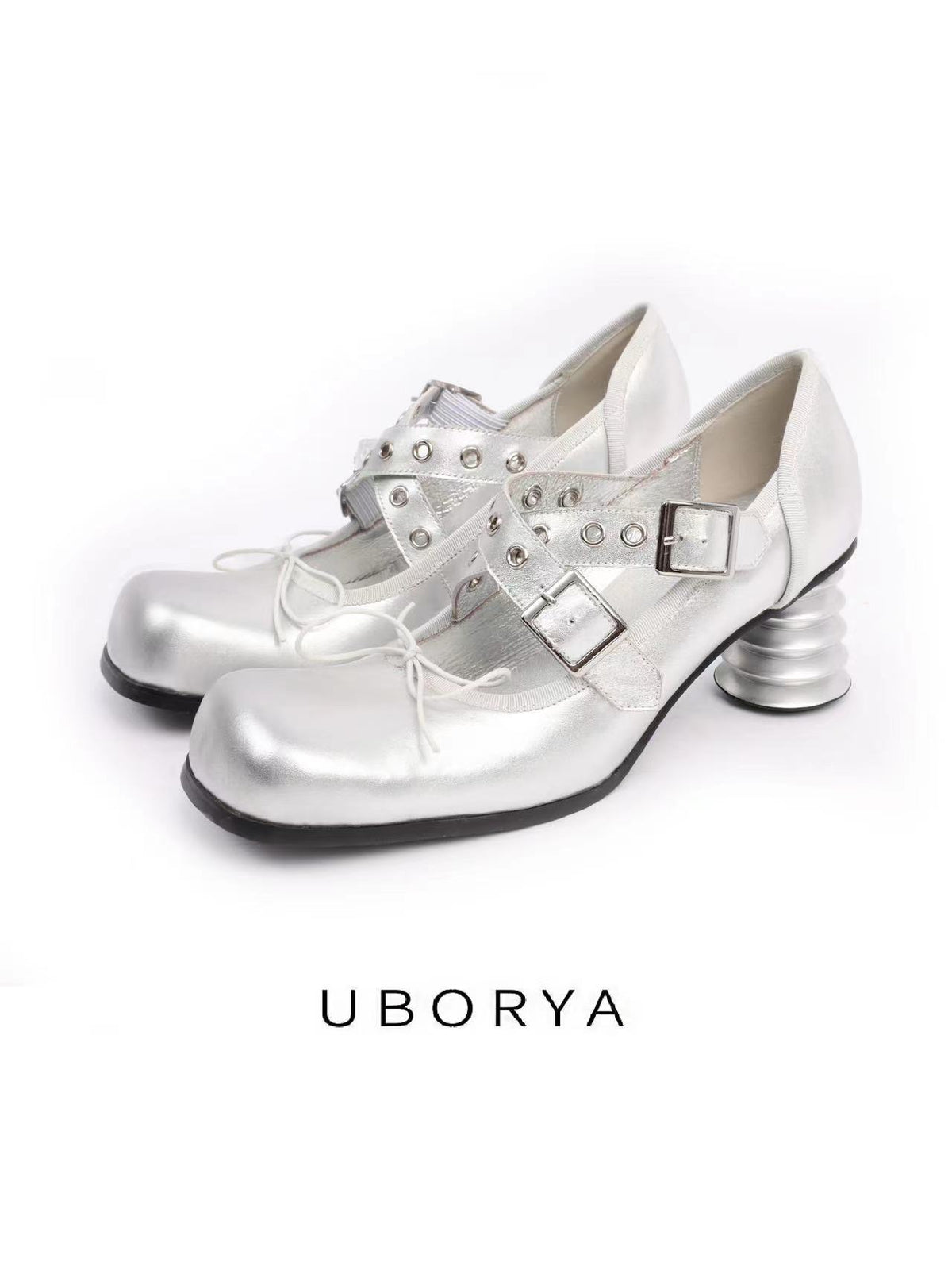 UBORYA Silver Metallic Coil Heel Mary Jane Pumps Rivet Buckles Front Tie 6cm Sculptural Heel