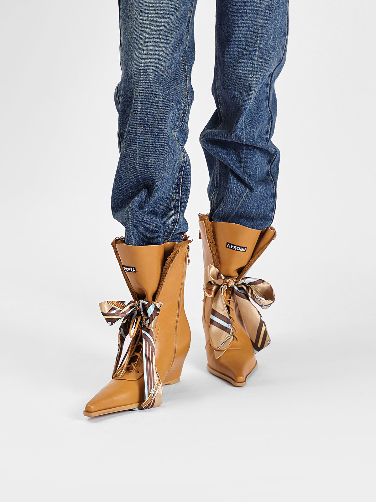 UBORYA Tan Leather Lace Up Wedge Boots Scarf Bow Pointed Toe Mid Calf Boots