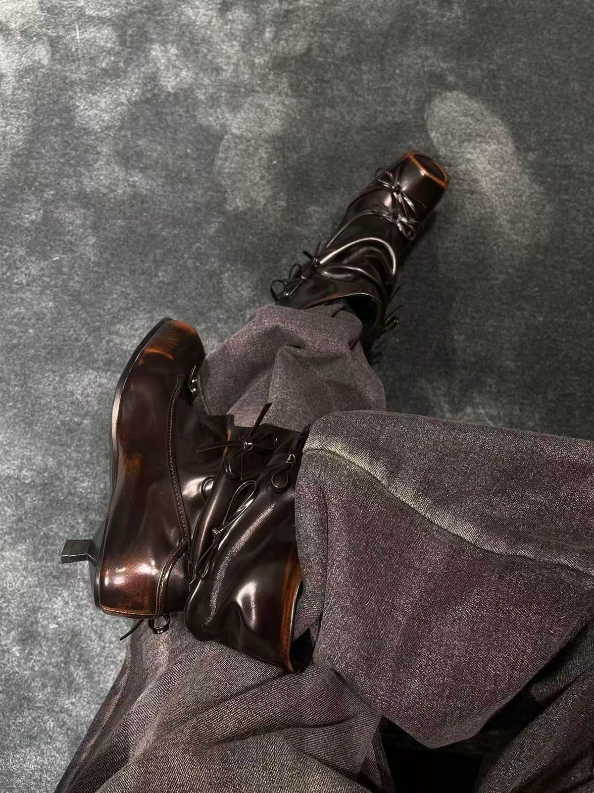 UBORYA Black Slouchy Bow Ankle Boots with Distressed Square Toe