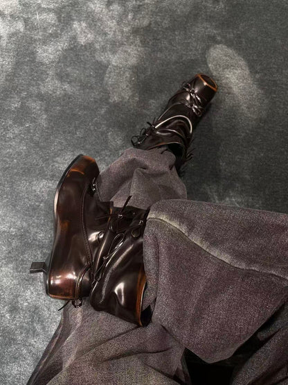 UBORYA Black Slouchy Ankle Boots with Bows – Distressed Square Toe Heeled Boots for Women | Ruched Shaft | Mini Bow Accents | Grunge Avant-Garde Booties