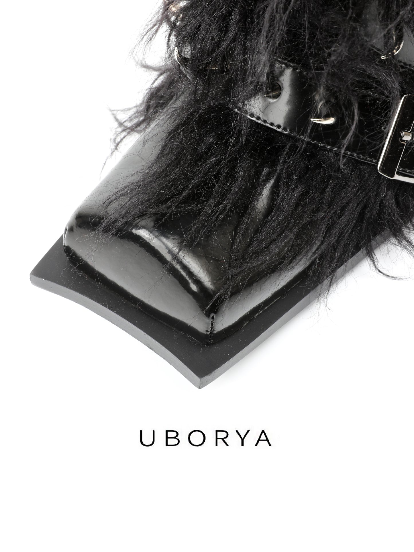 UBORYA Black Avant-Garde Fur & Strap Boots – Gothic Mongolian Faux Fur Midi Boots for Women | 6cm / 2.4in Chunky Heel | Patent Leather & Buckle Accents | Edgy Statement Footwear