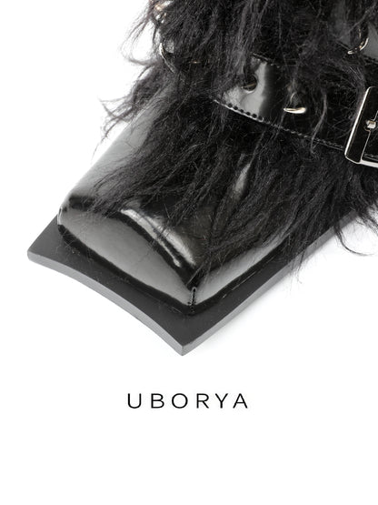 UBORYA Black Avant-Garde Fur & Strap Boots – Gothic Mongolian Faux Fur Midi Boots for Women | 6cm / 2.4in Chunky Heel | Patent Leather & Buckle Accents | Edgy Statement Footwear