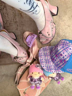 UBORYA Pink Metallic Platform Slingback Heels with Star Studs & Zipper Detail