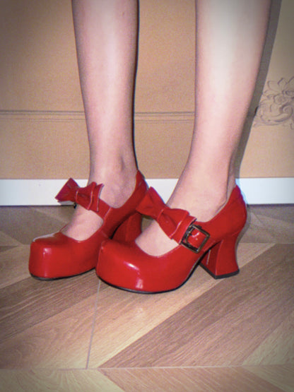 UBORYA Red Patent Leather Mary Jane Platform Heels – Sweet & Bold Chunky Heel Shoes for Women | 8cm / 3.15in Block Heel | Oversized Bow & Buckle Detail | Round Toe Pumps