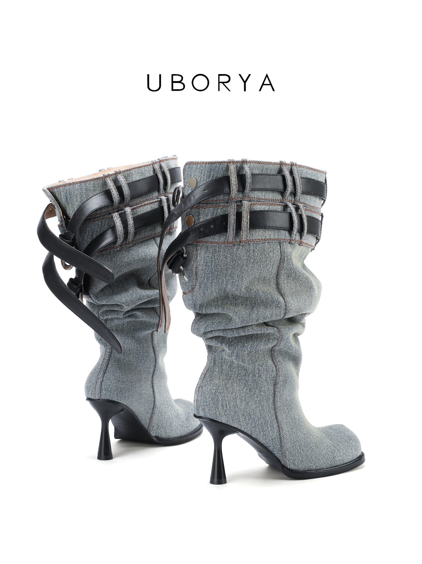 UBORYA Denim Slouchy Knee-High Boots with Black Buckle Straps – Sculptural Kitten Heel Boots for Women | Distressed Jean Booties | Avant-Garde Denim Punk Footwear