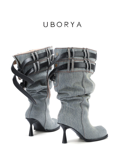 UBORYA Denim Slouchy Knee-High Boots with Black Buckle Straps – Sculptural Kitten Heel Boots for Women | Distressed Jean Booties | Avant-Garde Denim Punk Footwear