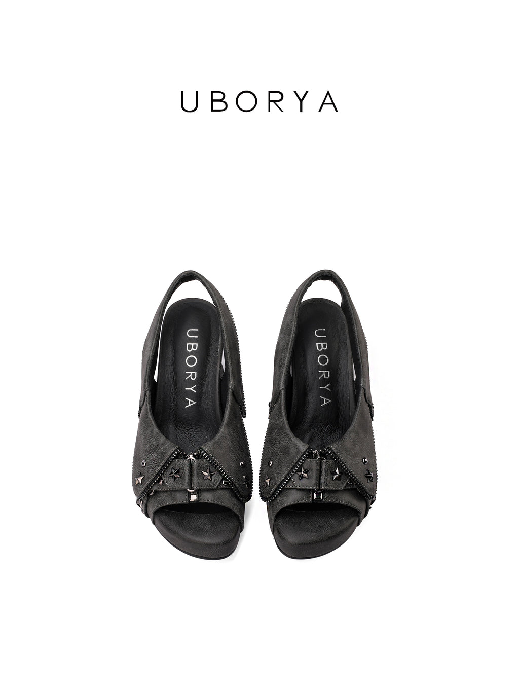 UBORYA Charcoal Grey Distressed Platform Slingback Heels with Star Studs