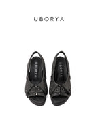 UBORYA Charcoal Grey Distressed Platform Slingback Heels with Star Studs