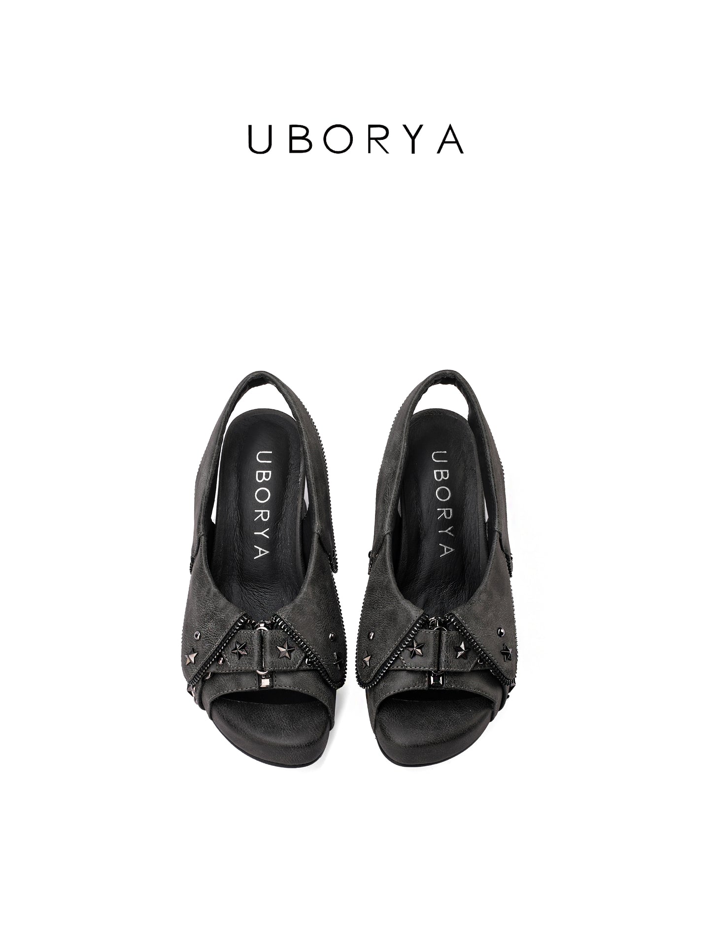 UBORYA Charcoal Grey Distressed Platform Slingback Heels - Peep Toe Star Stud Zipper Detail Sculptural Heel Sandals