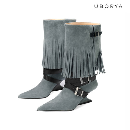 UBORYA Grey Blue Suede Fringe Mid-Calf Boots with Buckle Straps – Sculptural Wedge Heel Boots for Women | Pointed Toe | Western Avant-Garde Booties