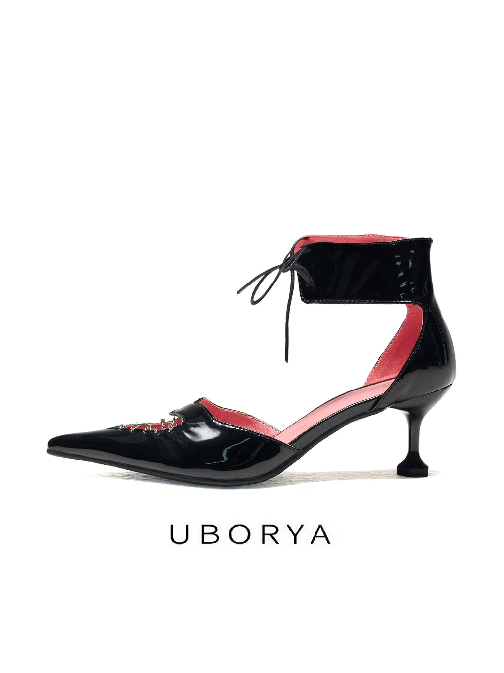 UBORYA Black Patent Leather Heart Cut Out Kitten Heels Pointed Toe Pumps