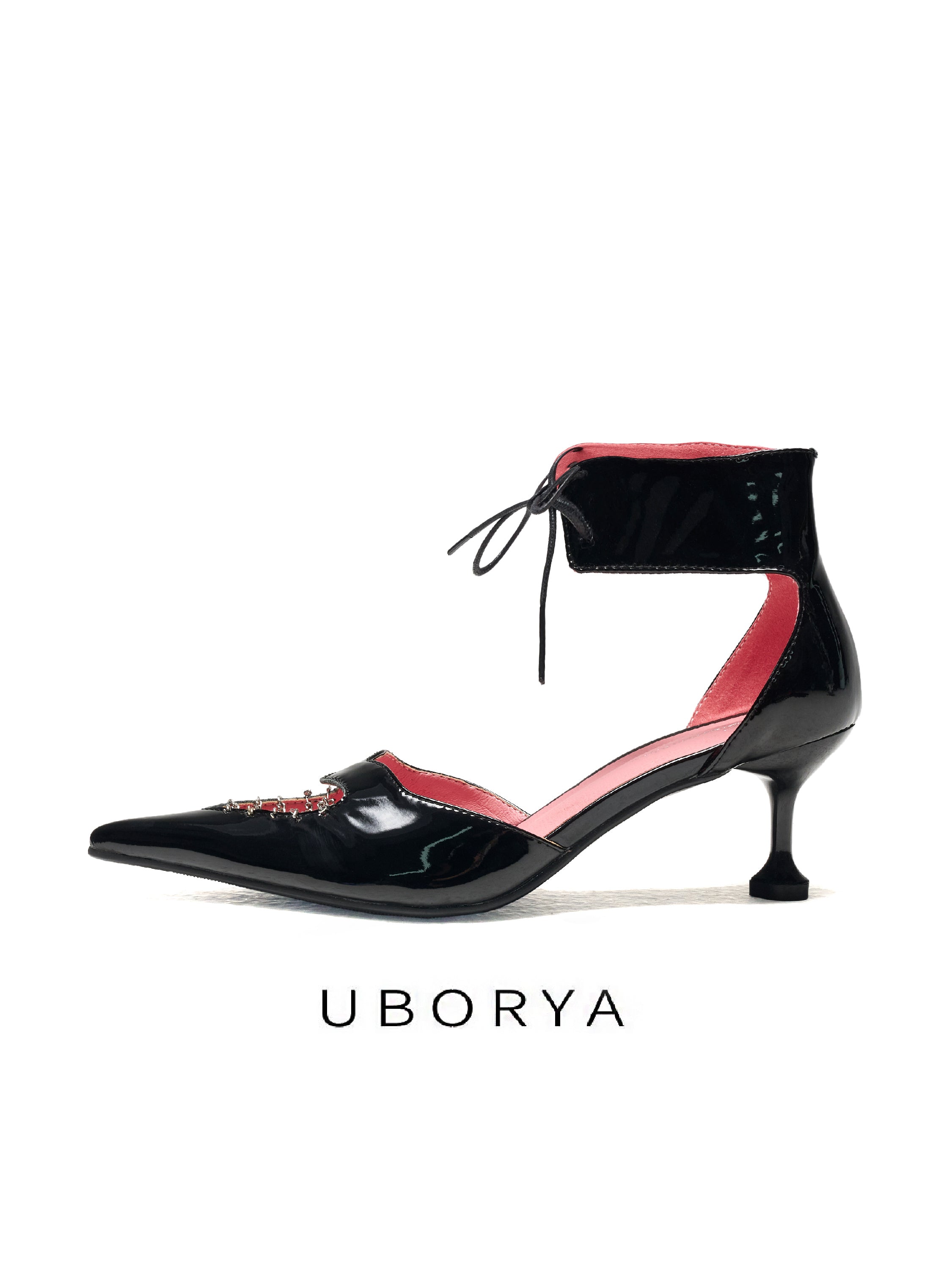 UBORYA Black Patent Leather Heart Cut Out Kitten Heels Pointed Toe Pumps