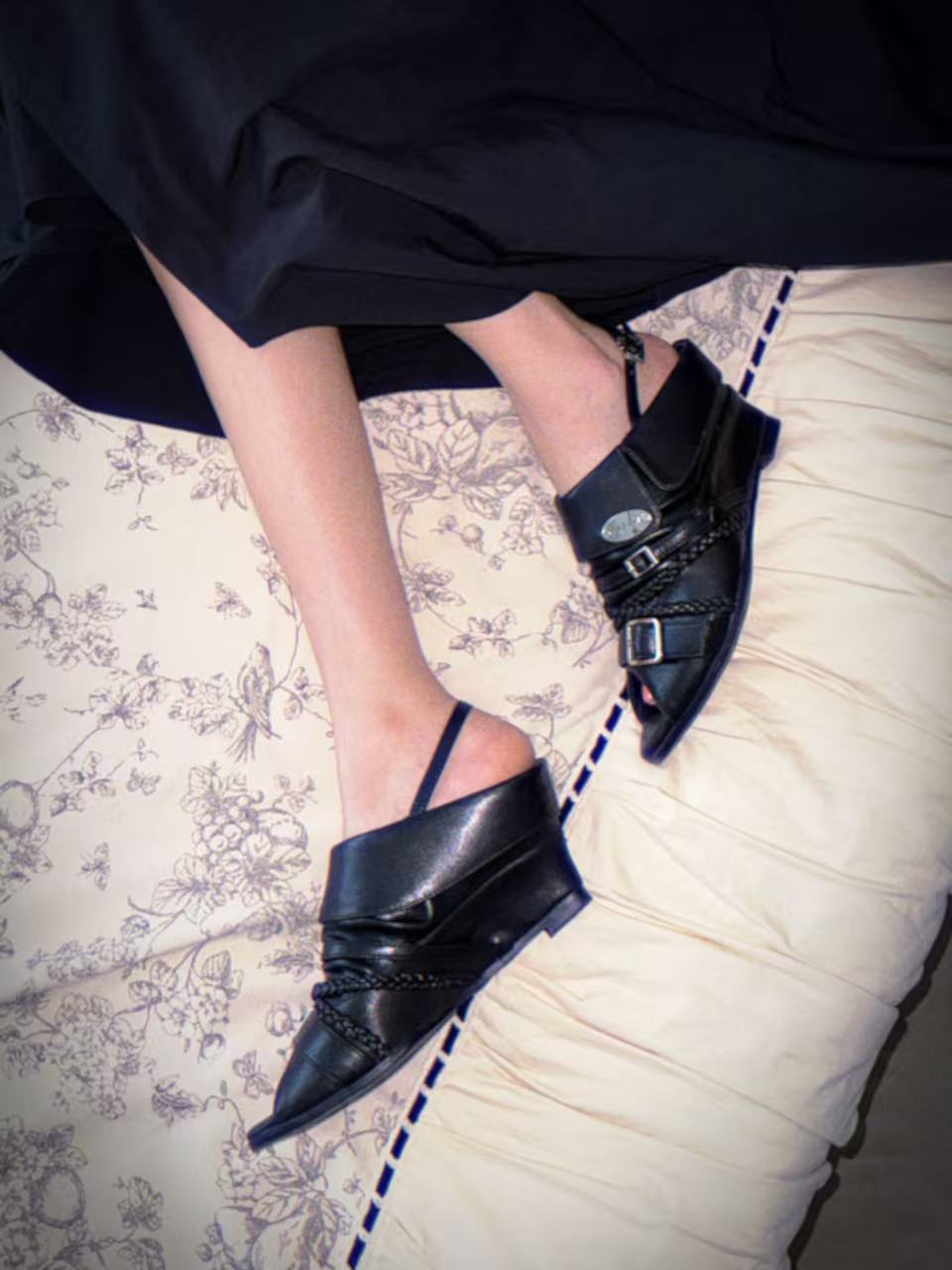 UBORYA Black Leather Slingback Peep-Toe Shoes with Braided Straps & Silver Buckles – Low Wedge Heel Pumps for Women | Edgy Utility Sandals | Punk Glam Footwear