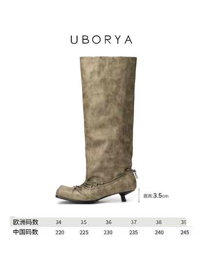 UBORYA Khaki Suede Slouchy Knee-High Boots with Bows – Square Toe Kitten Heel Boots for Women | Ruched Shaft | Side Zipper | Earthy Avant-Garde Booties