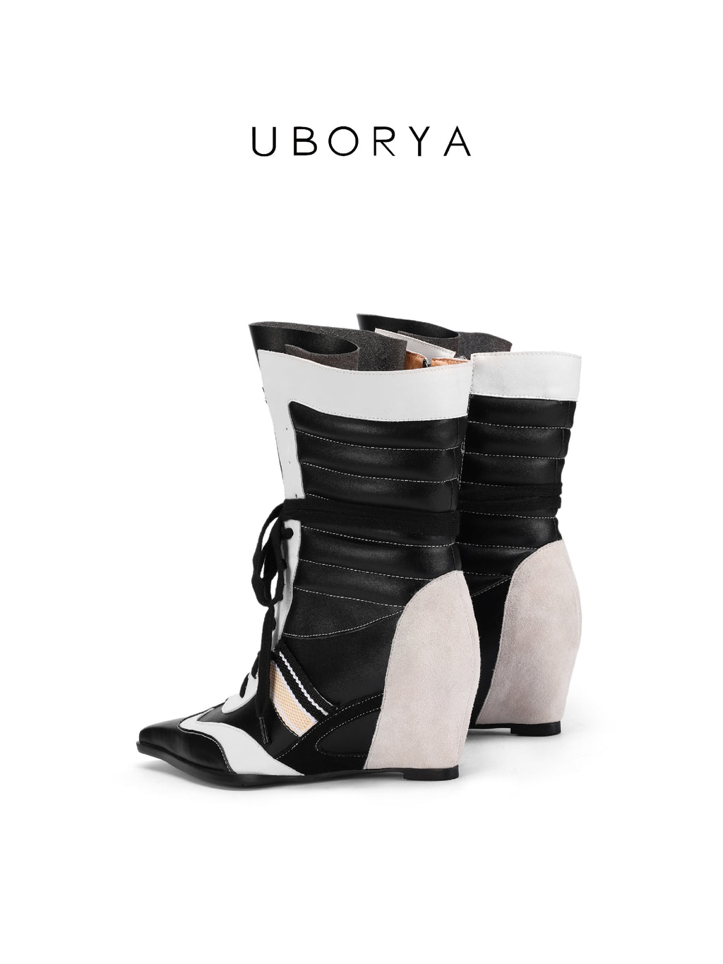 UBORYA Black White Boxing Boot Wedge Heels Pointed Toe Lace Up Mid Calf Boots