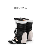 UBORYA Black White Boxing Boot Wedge Heels Pointed Toe Lace Up Mid Calf Boots