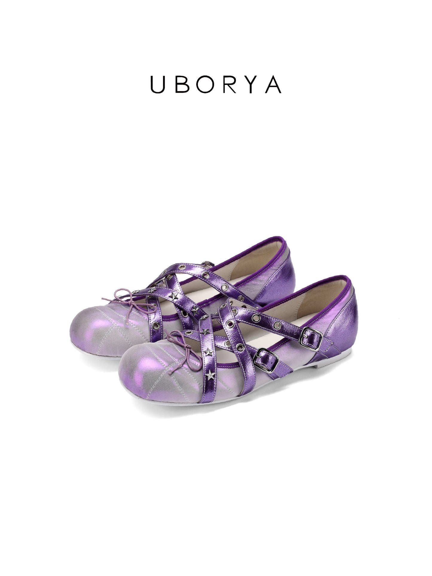 UBORYA Metallic Purple Gradient Crisscross Ballet Flats - Star Stud Detail Round Toe Flat Shoes