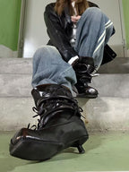 UBORYA Black Slouchy Bow Ankle Boots with Distressed Square Toe