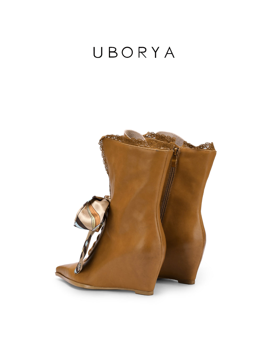 UBORYA Tan Leather Lace Up Wedge Boots Scarf Bow Pointed Toe Mid Calf Boots