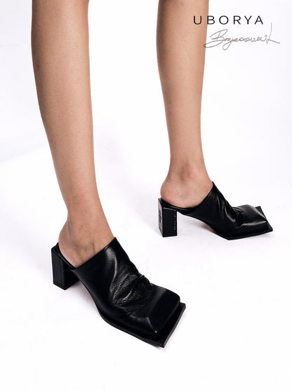 UBORYA Black Draped Leather Mules – Minimalist Modern Pumps for Women | 7cm / 2.8in Block Heel | Soft Natural Grain Leather | Elegant Open-Back Slide Sandals