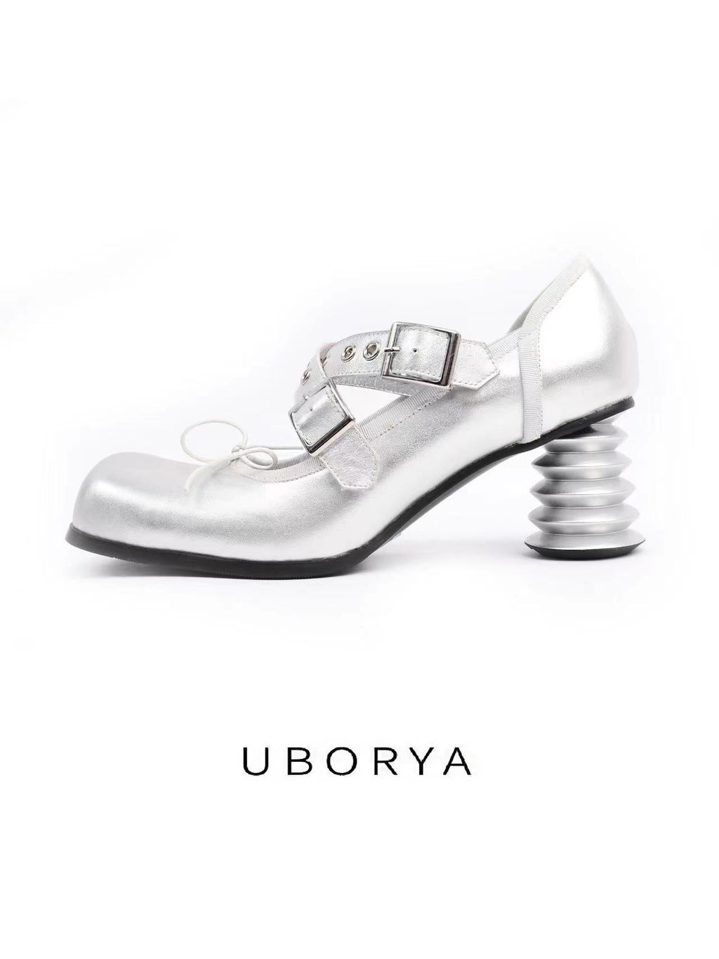 UBORYA Silver Metallic Coil Heel Mary Jane Pumps Rivet Buckles Front Tie 6cm Sculptural Heel