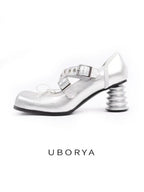 UBORYA Silver Metallic Coil Heel Mary Jane Pumps Rivet Buckles Front Tie 6cm Sculptural Heel