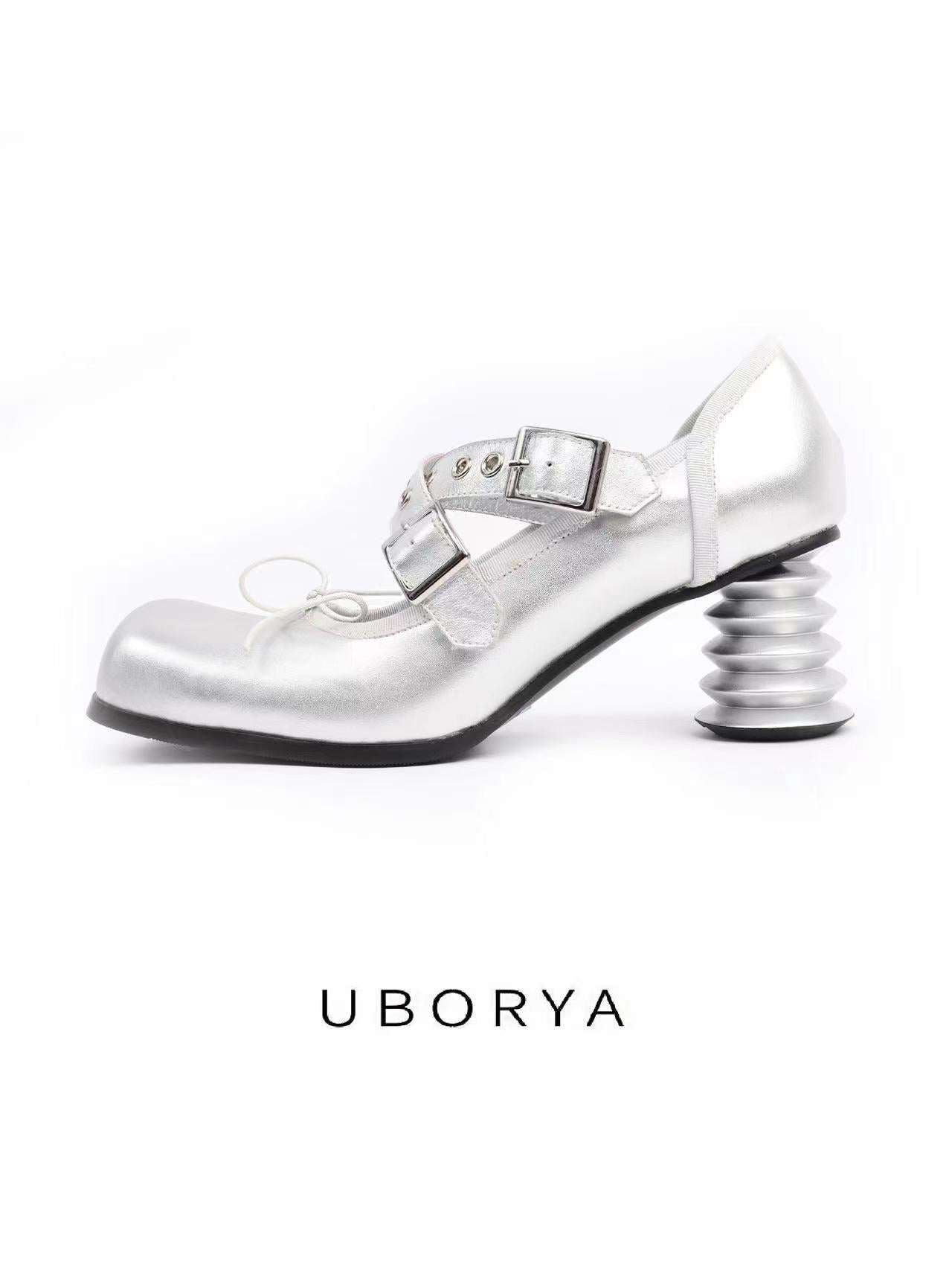 UBORYA Silver Metallic Coil Heel Mary Jane Pumps Rivet Buckles Front Tie 6cm Sculptural Heel
