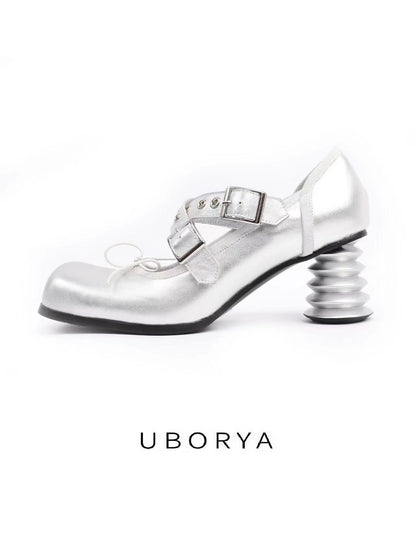 UBORYA Silver Metallic Coil Heel Mary Janes — Avant-Garde Cyberpunk Pumps with Rivet Buckles & Front Tie | 6cm Sculptural Heel | Futuristic Y2K Footwear for Women