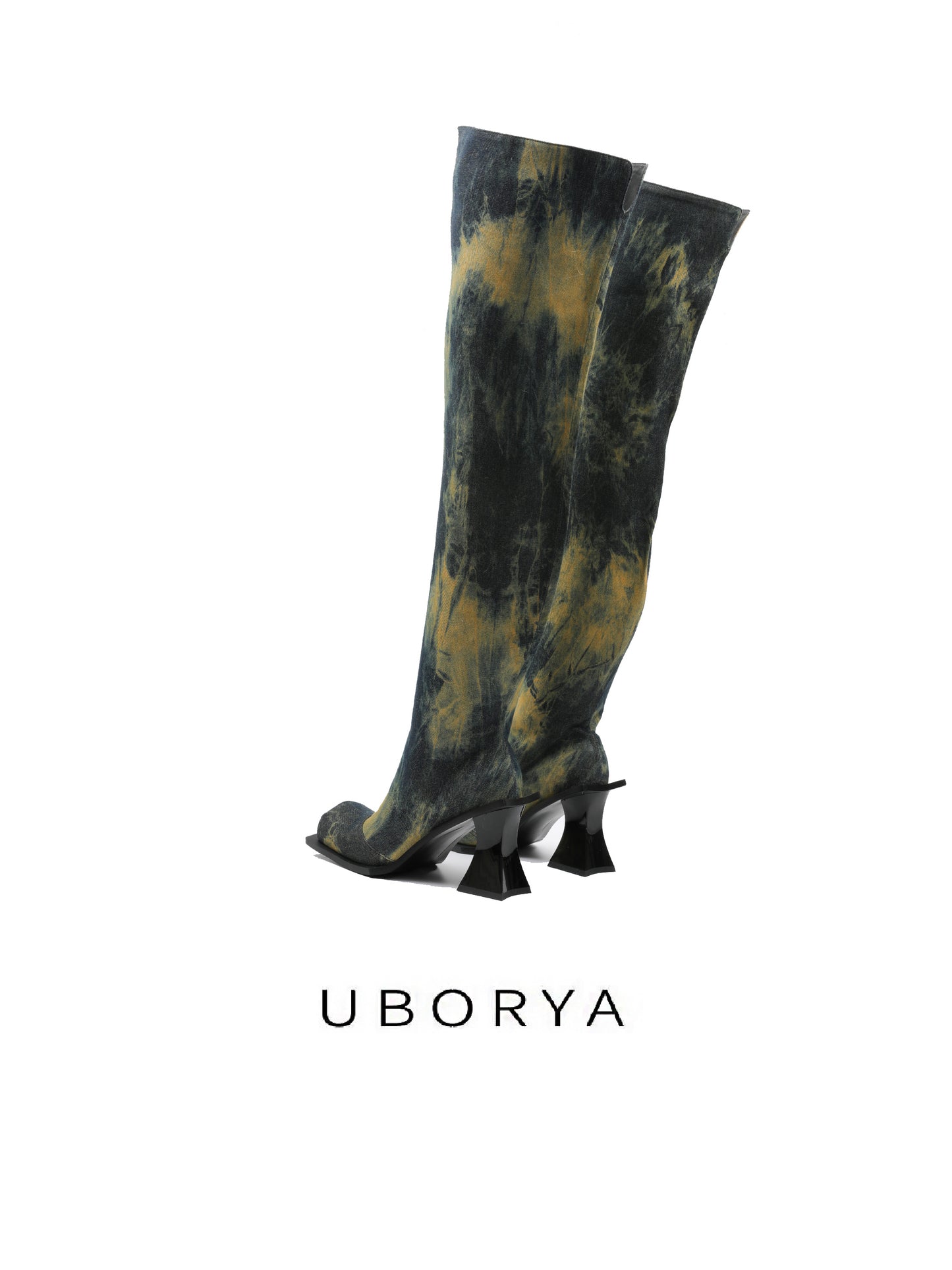 UBORYA Black & Yellow Wash Over-The-Knee Boots – Artistic Knit Thigh Highs for Women | 8cm / 2.0in Block Heel | Square Toe | Edgy Abstract Print Midi Boots