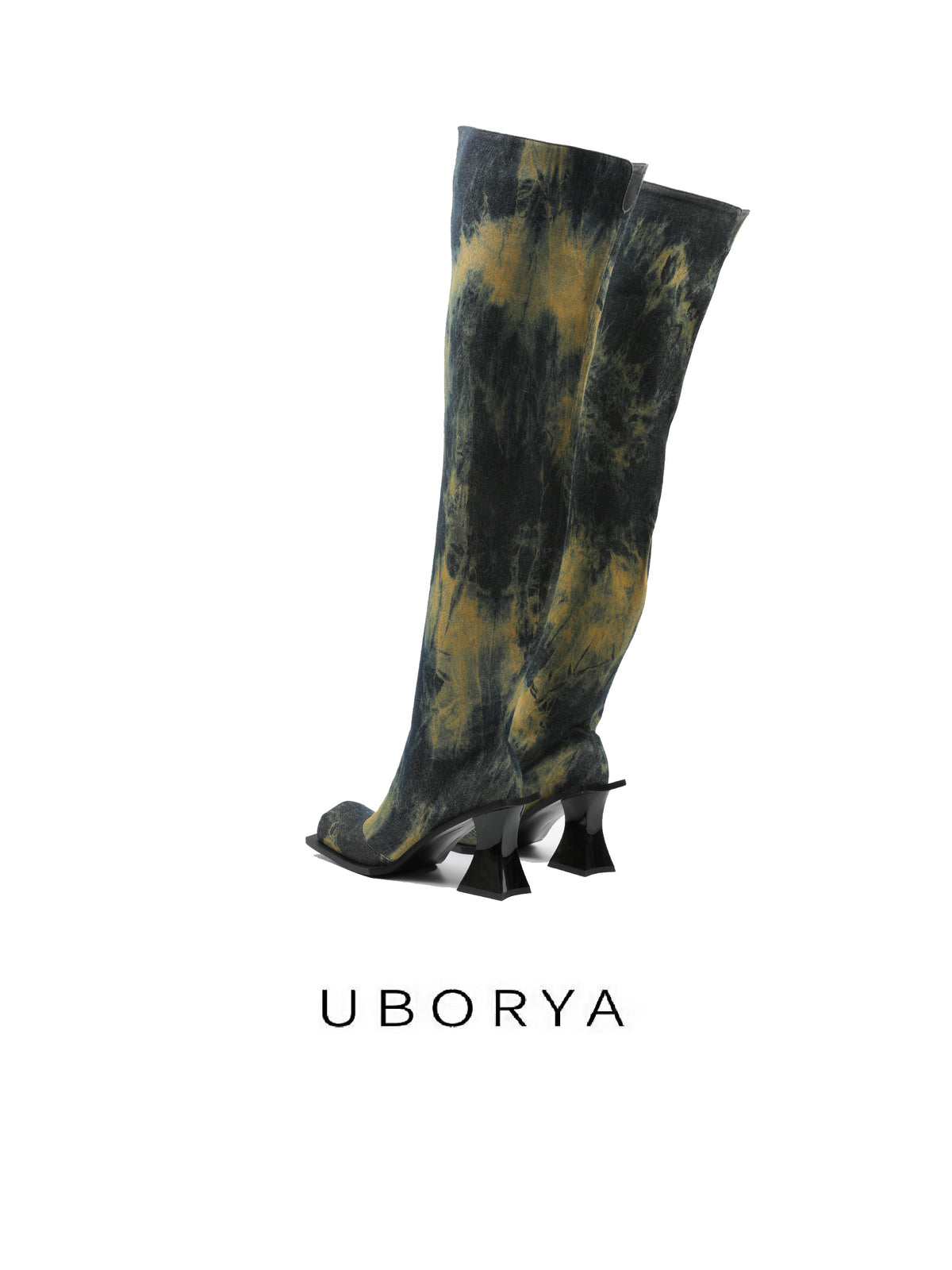 UBORYA Black & Yellow Wash Artistic Knit Over‑The‑Knee Boots 8cm Block Heel