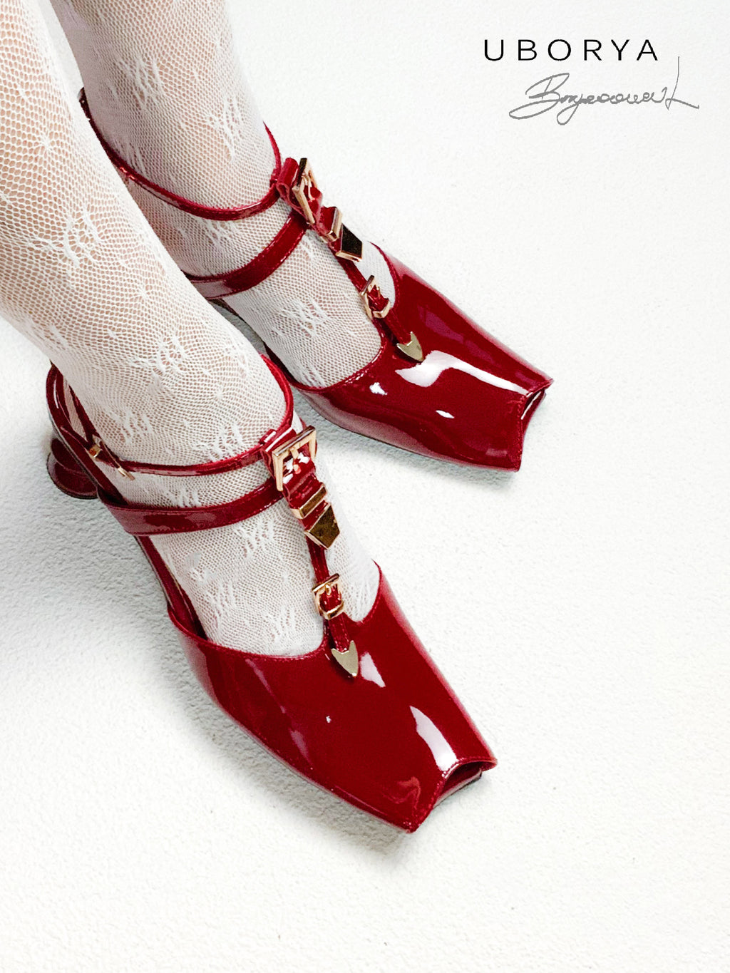 UBORYA Red Patent Leather T Strap Slingbacks Peep Toe Stacked Heel Sandals