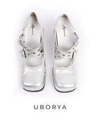 UBORYA Silver Metallic Coil Heel Mary Jane Pumps Rivet Buckles Front Tie 6cm Sculptural Heel