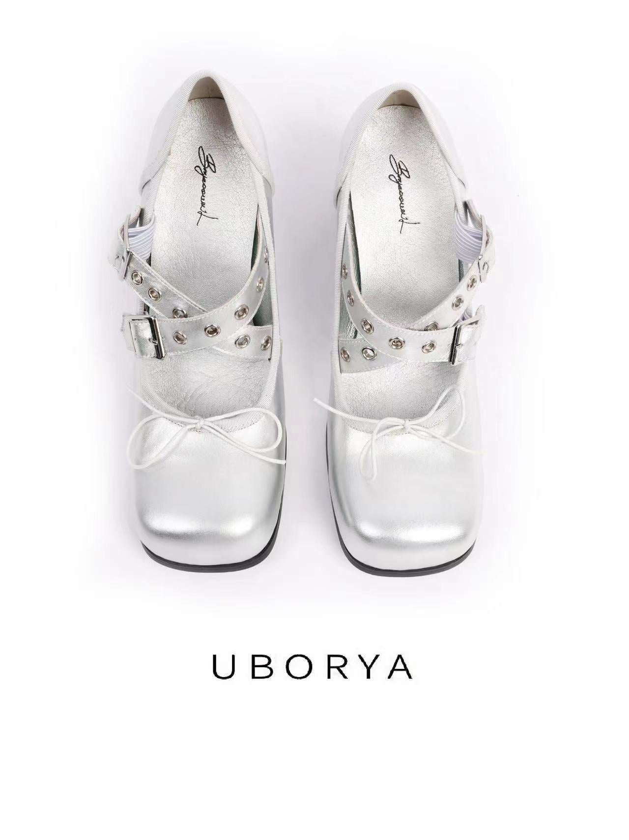 UBORYA Silver Metallic Coil Heel Mary Jane Pumps Rivet Buckles Front Tie 6cm Sculptural Heel